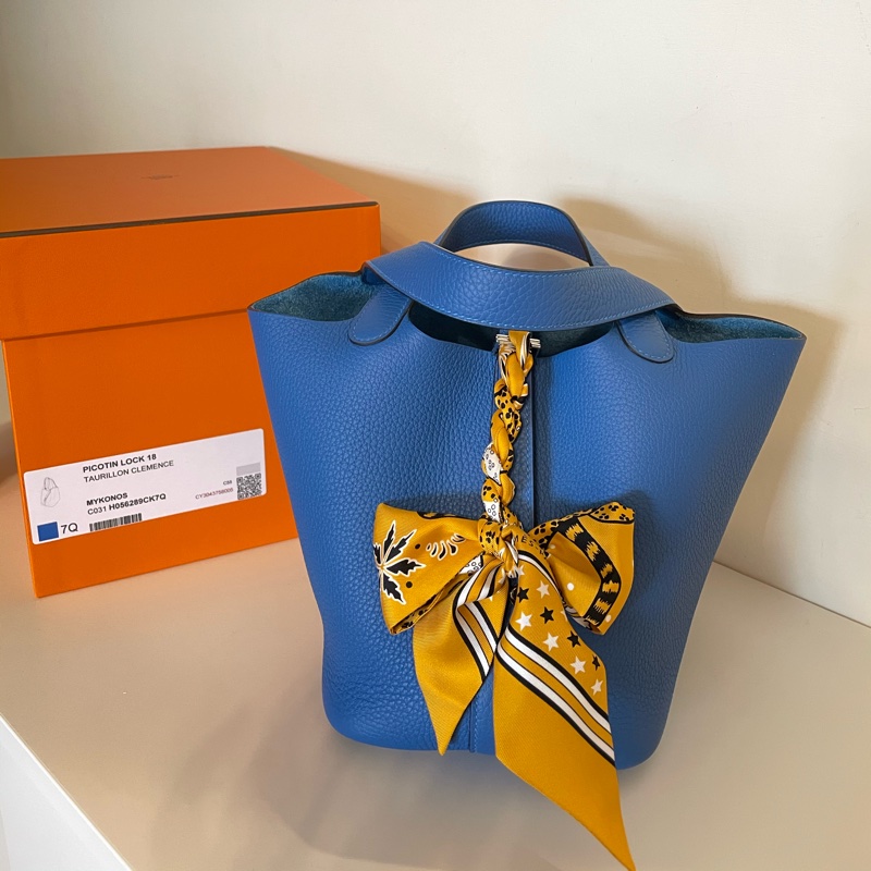 甜價售Hermès Picotin 18希臘藍 閒置近新皮革很挺(不含絲巾)-0