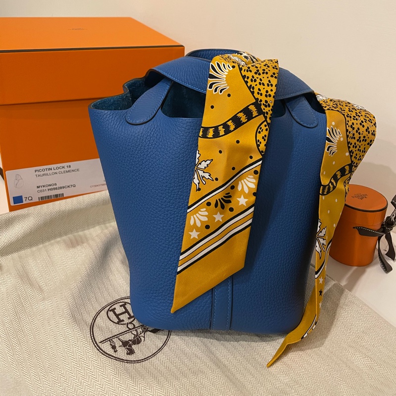 甜價售Hermès Picotin 18希臘藍 閒置近新皮革很挺（不含絲巾）-8