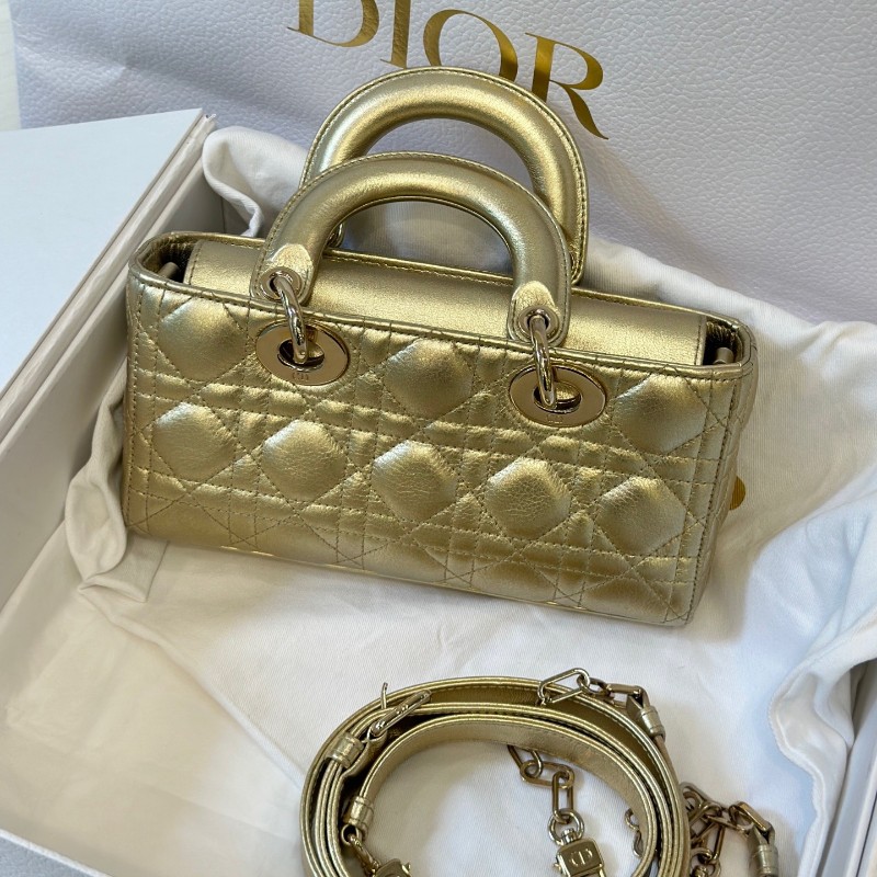 Dior 迪奧橫版Lady D-Joy戴妃 香檳色小號藤格紋手提包肩背包斜背包-1