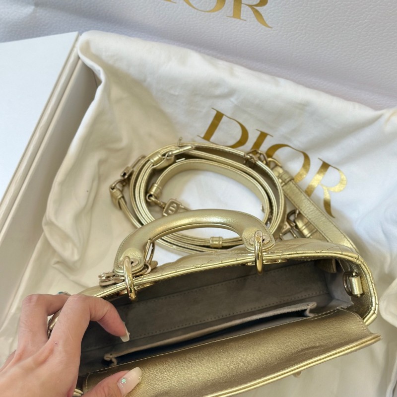 Dior 迪奧橫版Lady D-Joy戴妃 香檳色小號藤格紋手提包肩背包斜背包-5