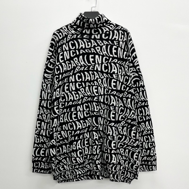Balenciaga巴黎世家 黑白彈幕滿印字母logo小高領針織毛衣 L碼 男女同款-0