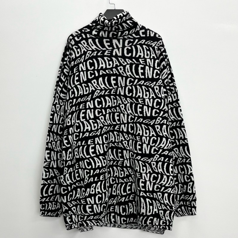 Balenciaga巴黎世家 黑白彈幕滿印字母logo小高領針織毛衣 L碼 男女同款-1