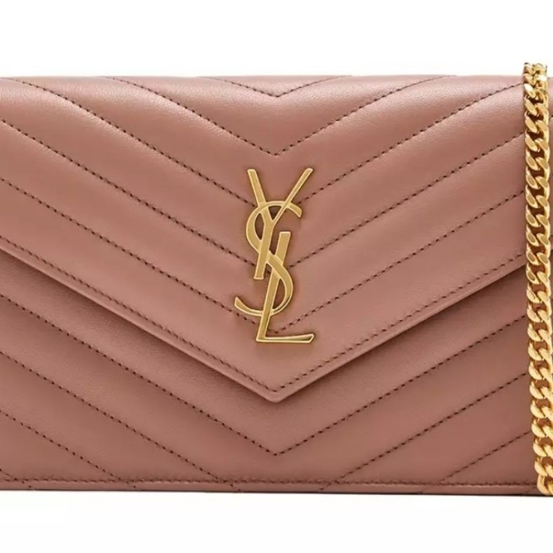 全新 Saint Laurent YSL 鍊條信封包 WOC 羊皮 乾燥玫瑰 霧玫瑰裸粉 金鍊優雅版-0