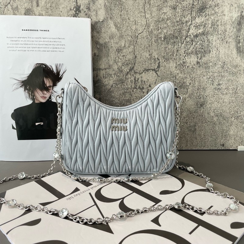 Miumiu Matelassé褶皺可拆卸鏈條拉鍊羊皮 斜挎包單肩包-0