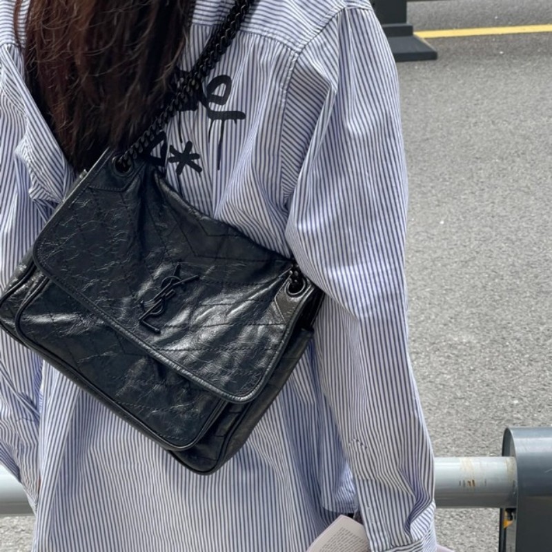 YSL聖羅蘭 niki單肩斜挎包 黑色大號 新款有D扣 肩背包斜背包-0