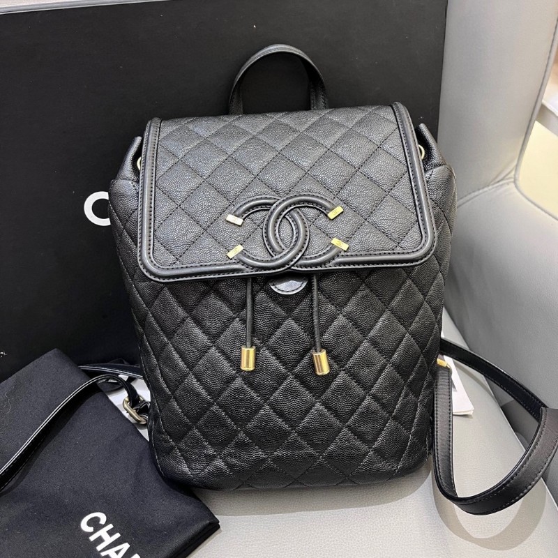 Chanel香奈兒薩爾茨堡vanity case系列黑金荔枝紋小號雙肩包後背包-0