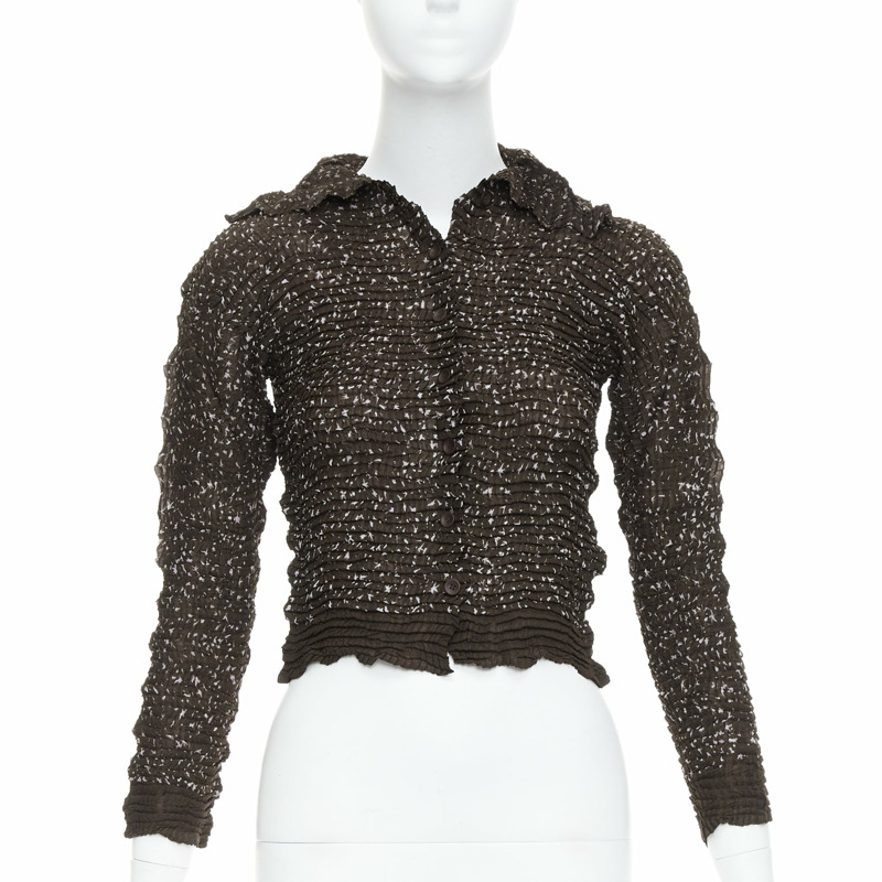 ISSEY MIYAKE brown speckle crinkled collared cropped shirt top M-0
