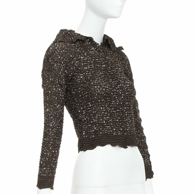 ISSEY MIYAKE brown speckle crinkled collared cropped shirt top M-2