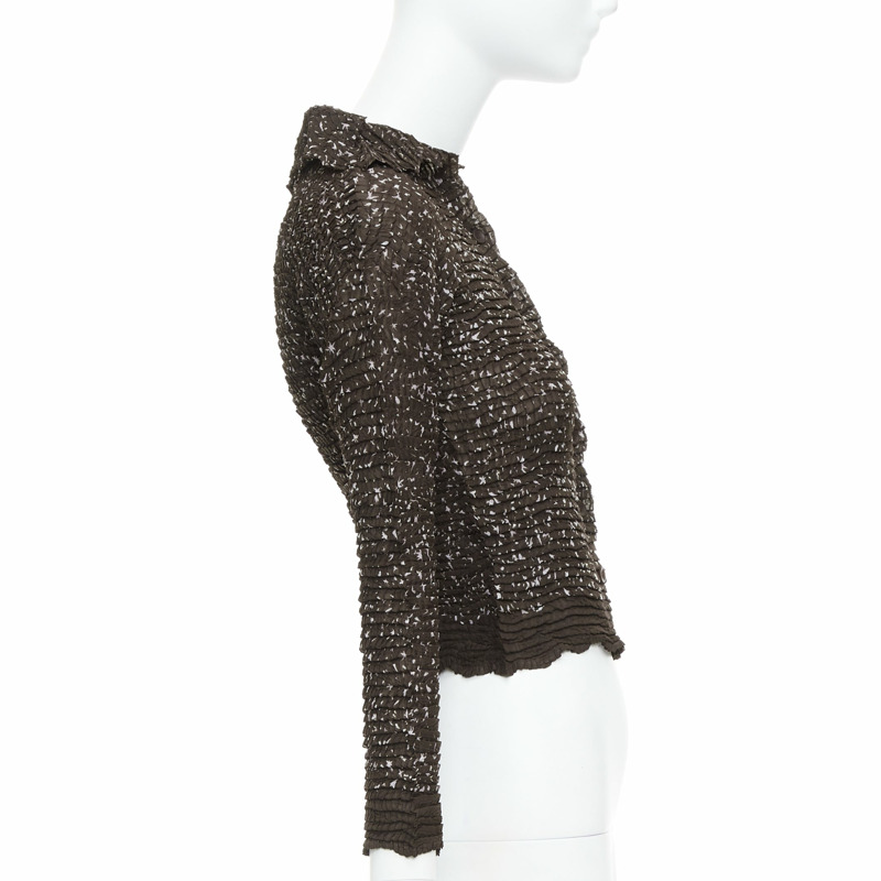 ISSEY MIYAKE brown speckle crinkled collared cropped shirt top M-3