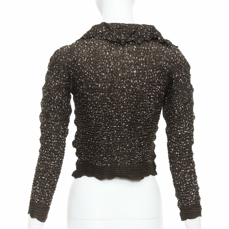 ISSEY MIYAKE brown speckle crinkled collared cropped shirt top M-4