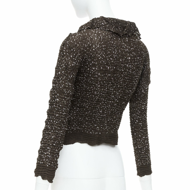 ISSEY MIYAKE brown speckle crinkled collared cropped shirt top M-5