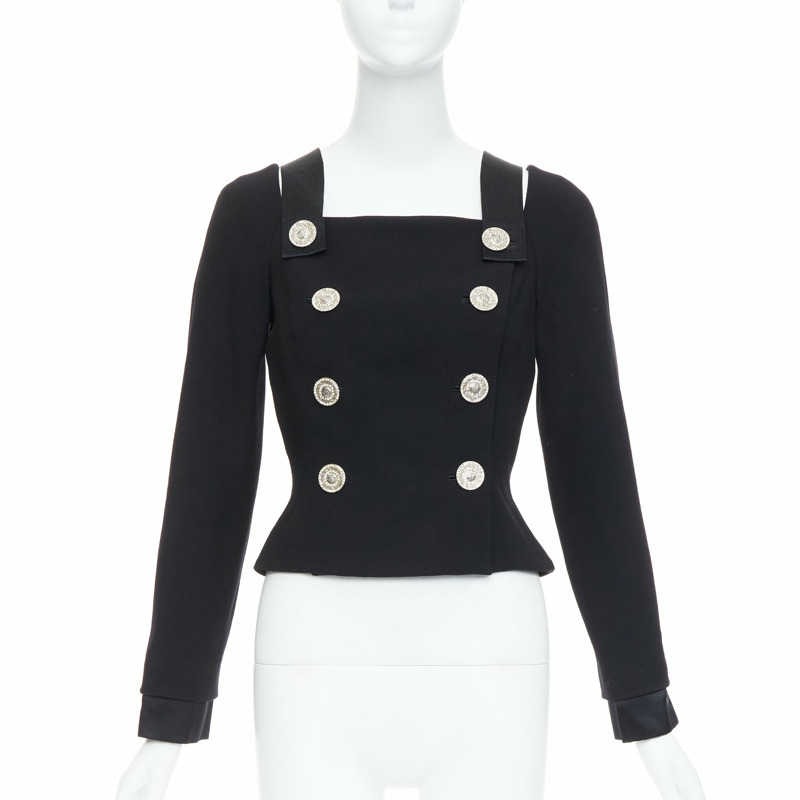 GIANNI VERSACE 1994 Vintage black crystal Medusa button double breasted bondage top-0