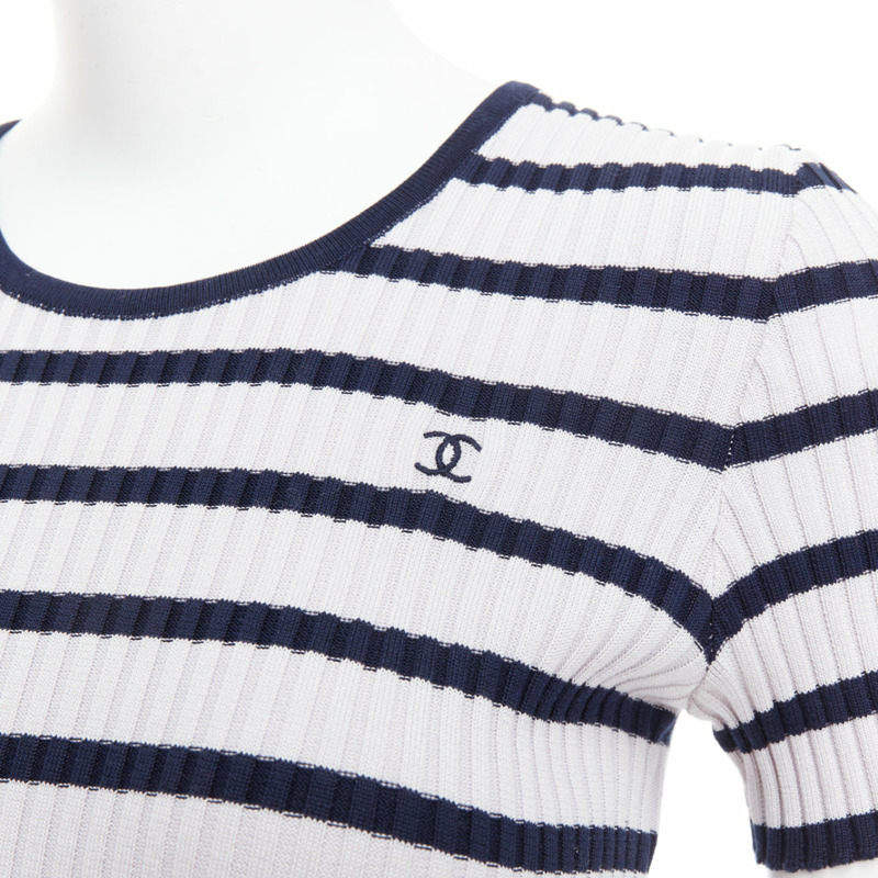 CHANEL 98P Vintage black grey ribbed cotton nautical striped logo top FR36 S-1