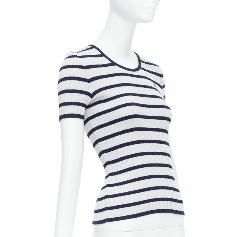 CHANEL 98P Vintage black grey ribbed cotton nautical striped logo top FR36 S-2