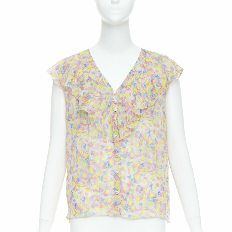 CHANEL 2011 100% silk Vintage circle pastel CC logo ruffle blouse FR42 XL-0