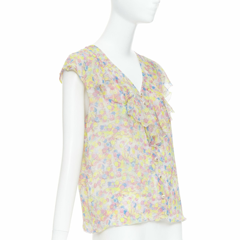 CHANEL 2011 100% silk Vintage circle pastel CC logo ruffle blouse FR42 XL-2