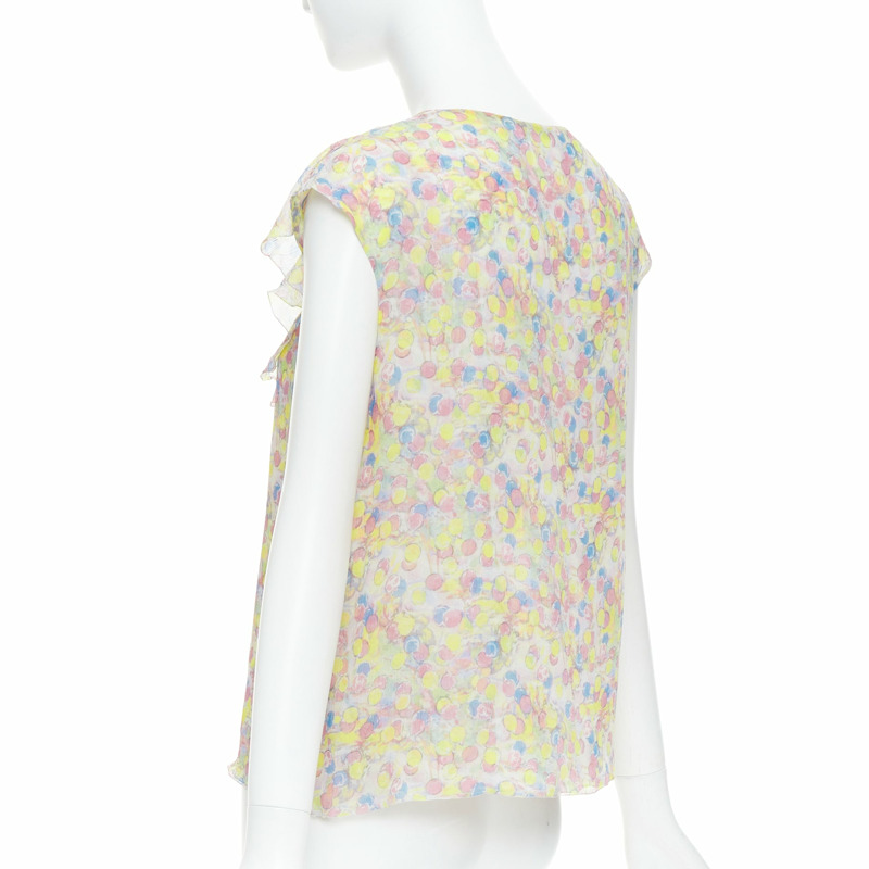 CHANEL 2011 100% silk Vintage circle pastel CC logo ruffle blouse FR42 XL-5
