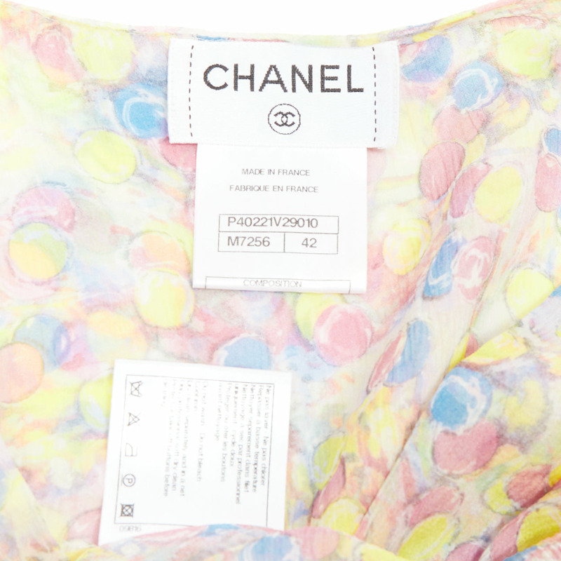 CHANEL 2011 100% silk Vintage circle pastel CC logo ruffle blouse FR42 XL-7