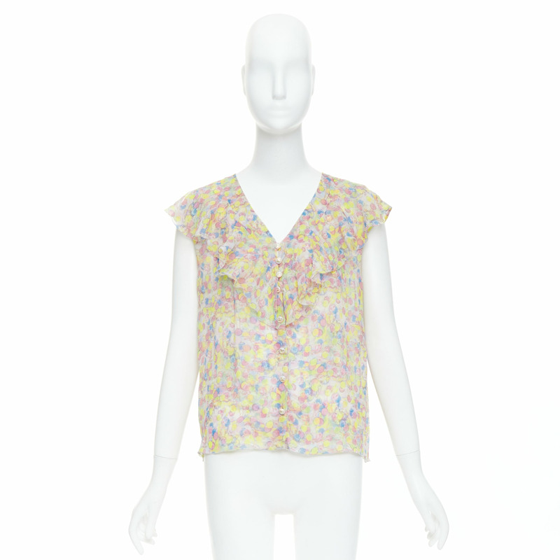 CHANEL 2011 100% silk Vintage circle pastel CC logo ruffle blouse FR42 XL-8