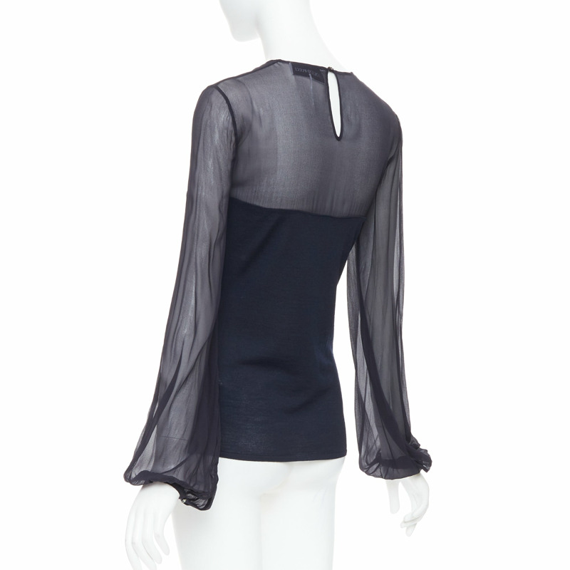 EMILIO PUCCI navy virgin wool silk trim contour sheer billow blouse M-5