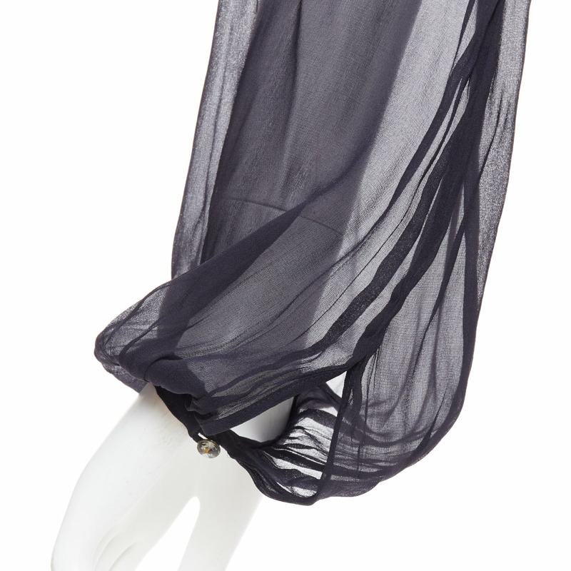 EMILIO PUCCI navy virgin wool silk trim contour sheer billow blouse M-6