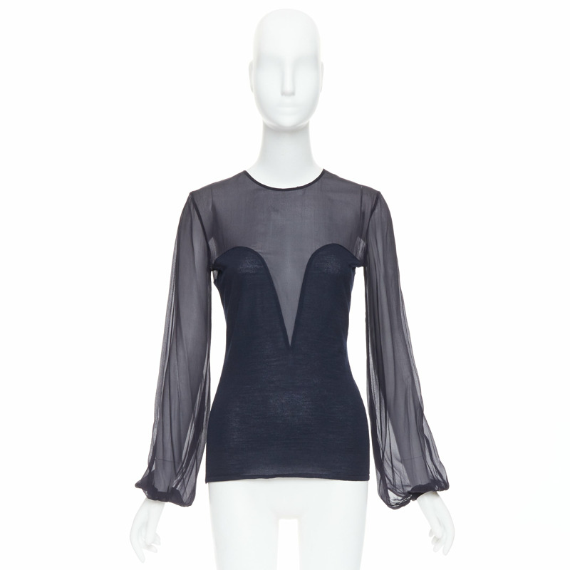 EMILIO PUCCI navy virgin wool silk trim contour sheer billow blouse M-8