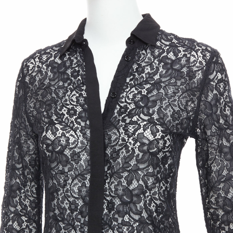 D&G DOLCE GABBANA Vintage black cotton silk floral lace sheer long sleeve shirt IT38 XS-1