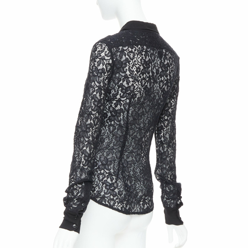 D&G DOLCE GABBANA Vintage black cotton silk floral lace sheer long sleeve shirt IT38 XS-5