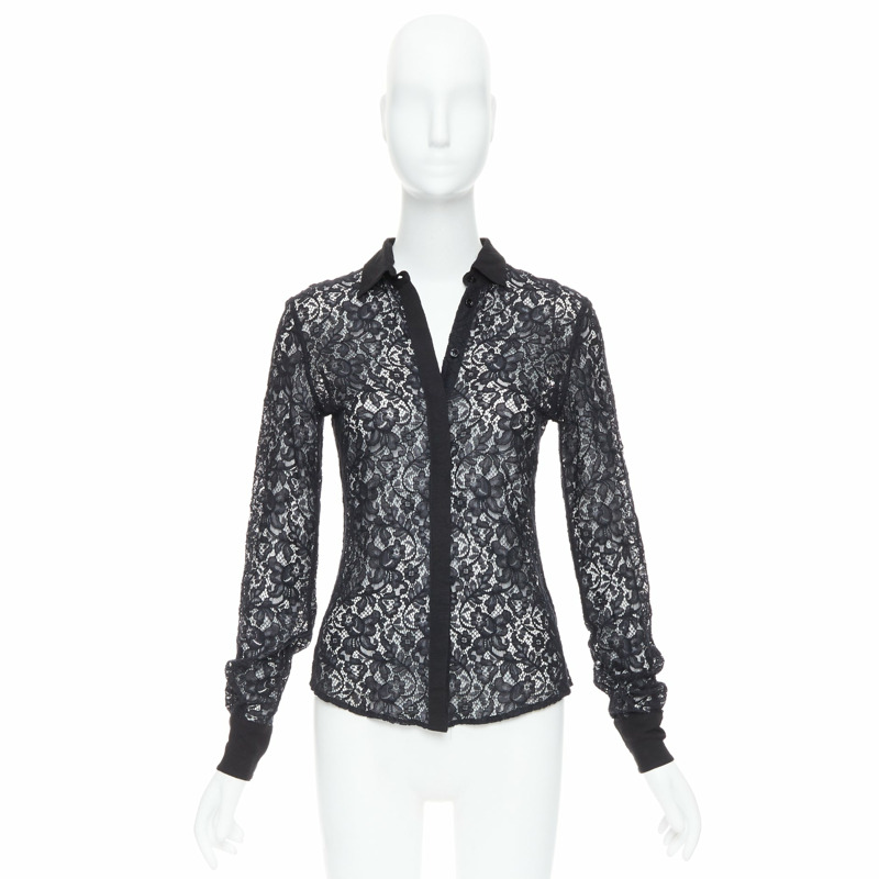D&G DOLCE GABBANA Vintage black cotton silk floral lace sheer long sleeve shirt IT38 XS-8