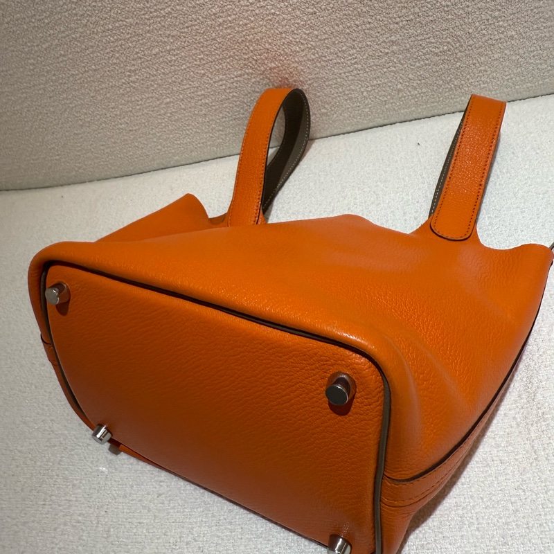 HERMES PICOTIN 18cm 愛馬仕橘拼大象灰雙色山羊皮菜籃子-7