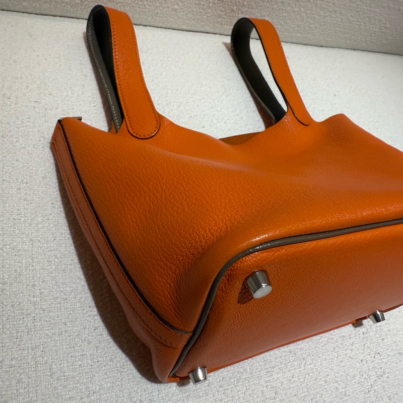 HERMES PICOTIN 18cm 愛馬仕橘拼大象灰雙色山羊皮菜籃子-8
