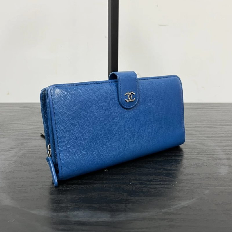 CHANEL 藍銀魚子醬雙C手拿錢包 98新配件盒子保卡塵袋-1