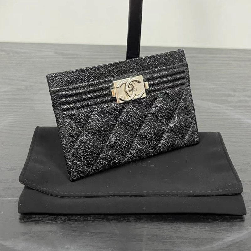 CHANEL 黑銀leboy荔枝紋錢包卡包 11*7.5*0.5 98新配件塵袋-1