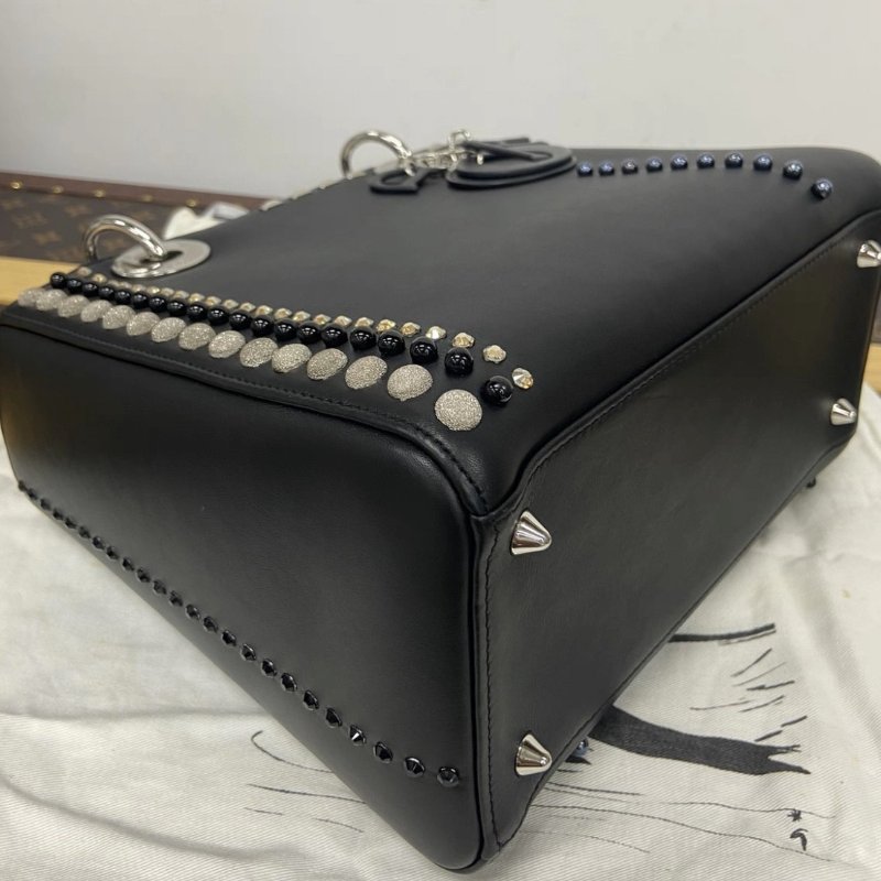 DIOR 黑銀五格卯釘黛妃手提肩背斜背包 24*21*12 98新配件塵袋-3