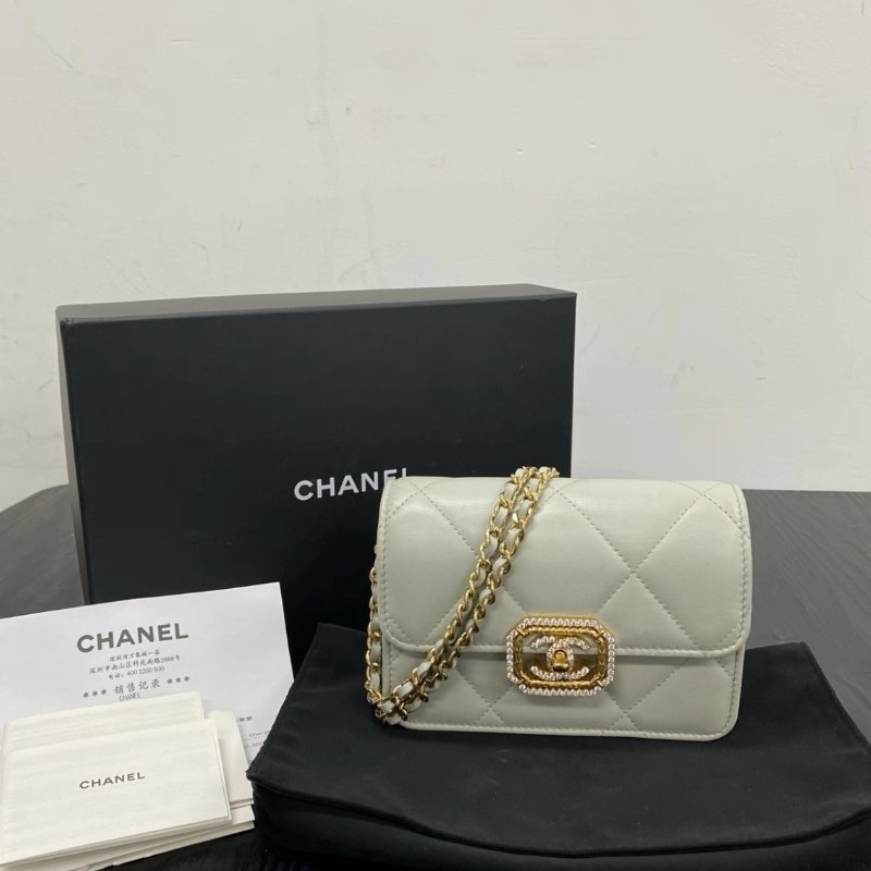 CHANEL 23C灰色金扣鑲鑽菱格紋肩背斜背包 15*11*4.5 98新配件盒子塵袋購證-0