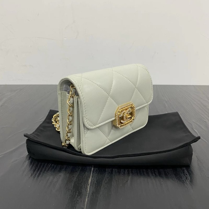 CHANEL 23C灰色金扣鑲鑽菱格紋肩背斜背包 15*11*4.5 98新配件盒子塵袋購證-1