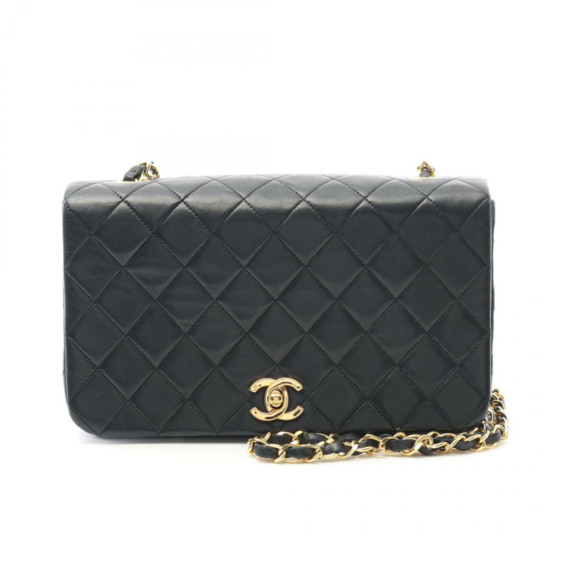 香奈兒 (CHANEL) 菱格紋全翻蓋鏈條單肩包 小羊皮 黑色 GHW 二手 女款-0