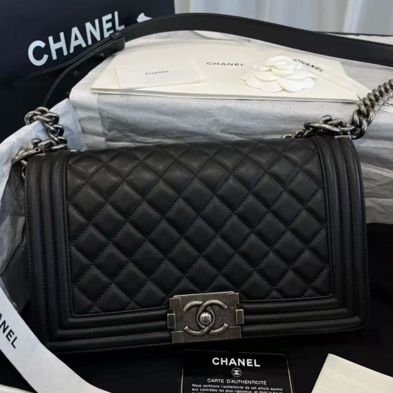 Chanel Leboy 中號 黑銀牛皮鍊條包 有卡 99新 15*25*9-0