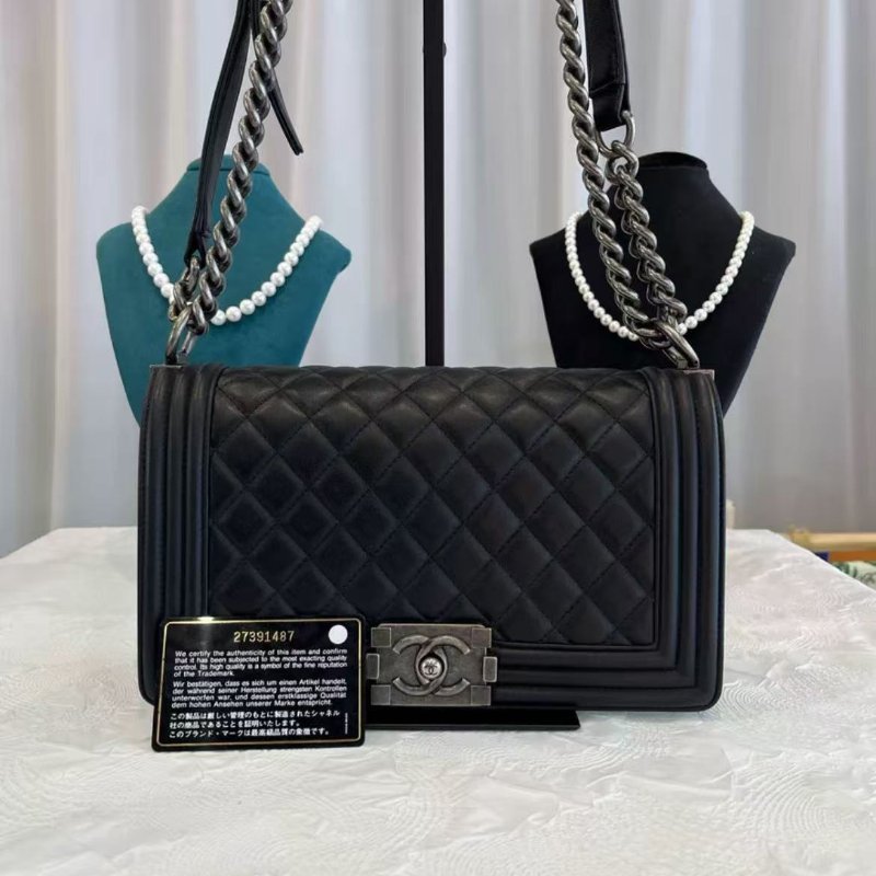 Chanel Leboy 中號 黑銀牛皮鍊條包 有卡 99新 15*25*9-1