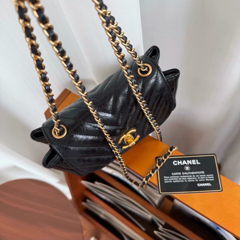 🈶保卡購證🤩Chanel黑金油蠟皮倒v紋口蓋方胖子手提單肩斜挎包-16