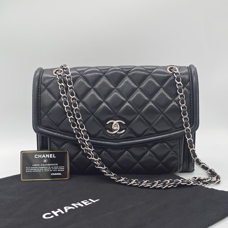 CHANEL 香奈兒 黑色 羊皮 口蓋包 30cm 黑色 羊皮 銀色金屬 鏈條包 斜挎包-0
