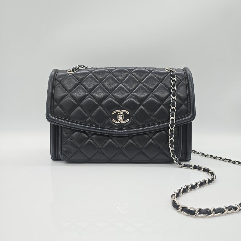 CHANEL 香奈兒 黑色 羊皮 口蓋包 30cm 黑色 羊皮 銀色金屬 鏈條包 斜挎包-1