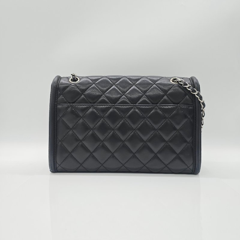 CHANEL 香奈兒 黑色 羊皮 口蓋包 30cm 黑色 羊皮 銀色金屬 鏈條包 斜挎包-2