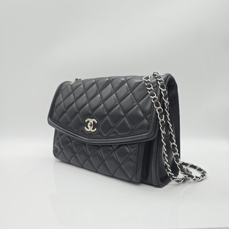 CHANEL 香奈兒 黑色 羊皮 口蓋包 30cm 黑色 羊皮 銀色金屬 鏈條包 斜挎包-3