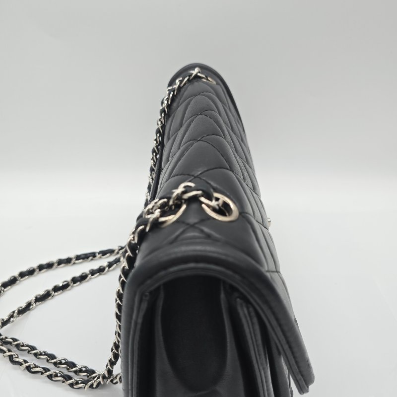 CHANEL 香奈兒 黑色 羊皮 口蓋包 30cm 黑色 羊皮 銀色金屬 鏈條包 斜挎包-8