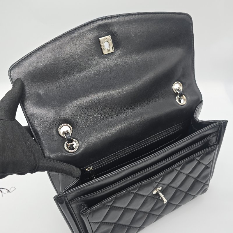 CHANEL 香奈兒 黑色 羊皮 口蓋包 30cm 黑色 羊皮 銀色金屬 鏈條包 斜挎包-11