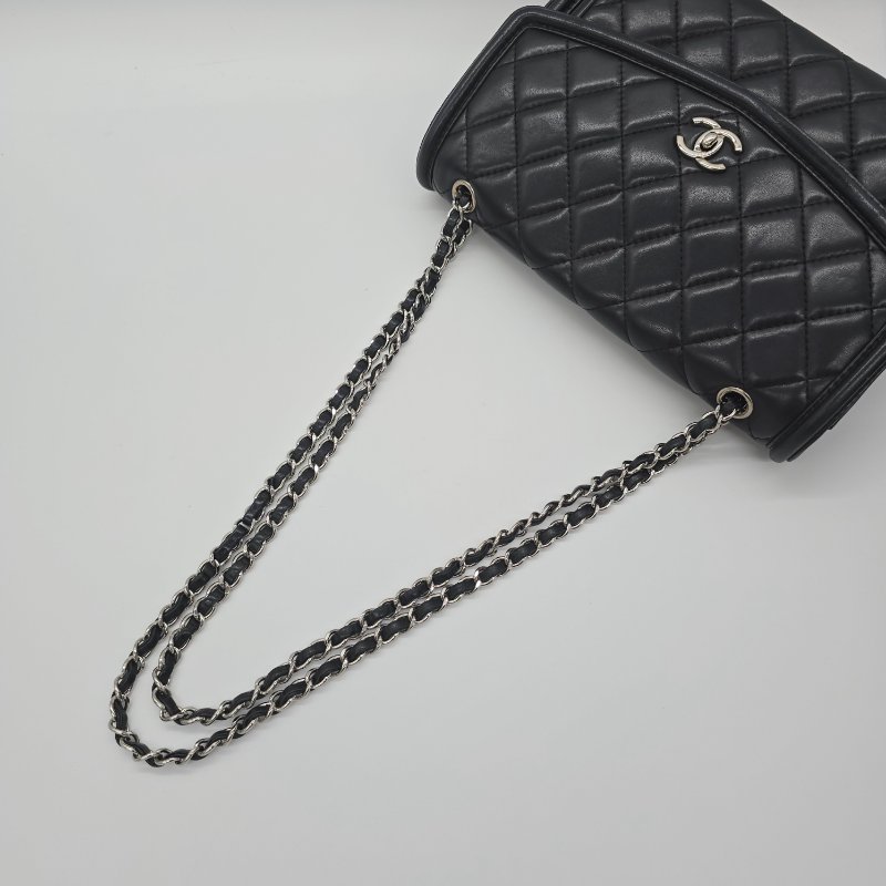 CHANEL 香奈兒 黑色 羊皮 口蓋包 30cm 黑色 羊皮 銀色金屬 鏈條包 斜挎包-15