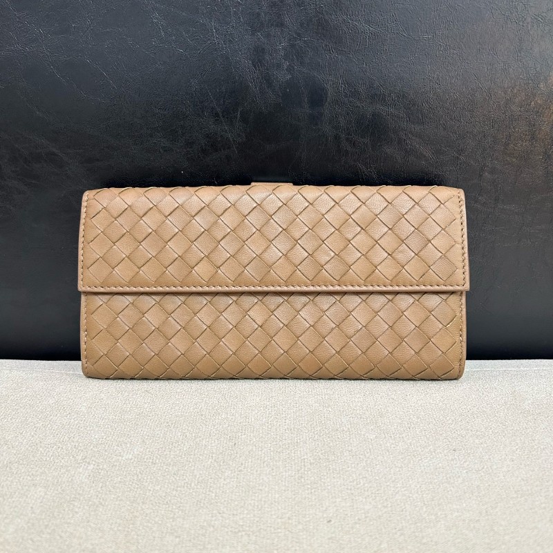 BV/葆蝶家 編織小牛皮深棕色長款三折錢包長夾銀包-1