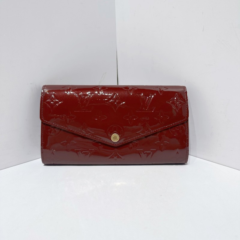 LV 漆皮壓紋 金扣暗紅色 長夾 銀包 錢包-2