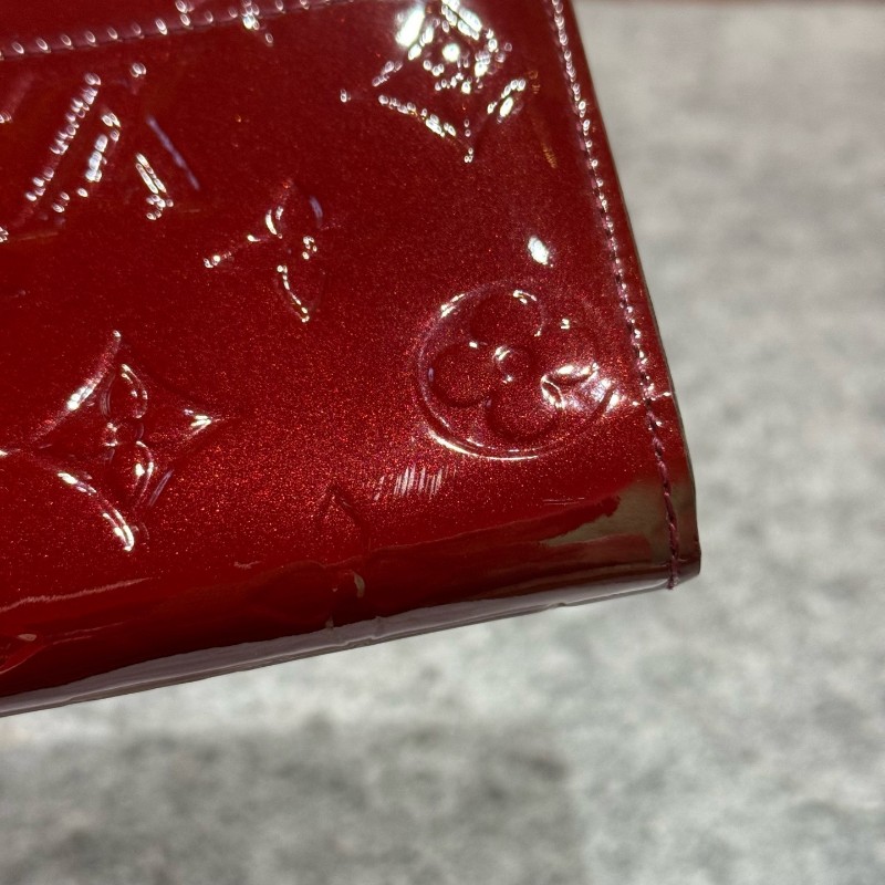 LV 漆皮壓紋 金扣暗紅色 長夾 銀包 錢包-8
